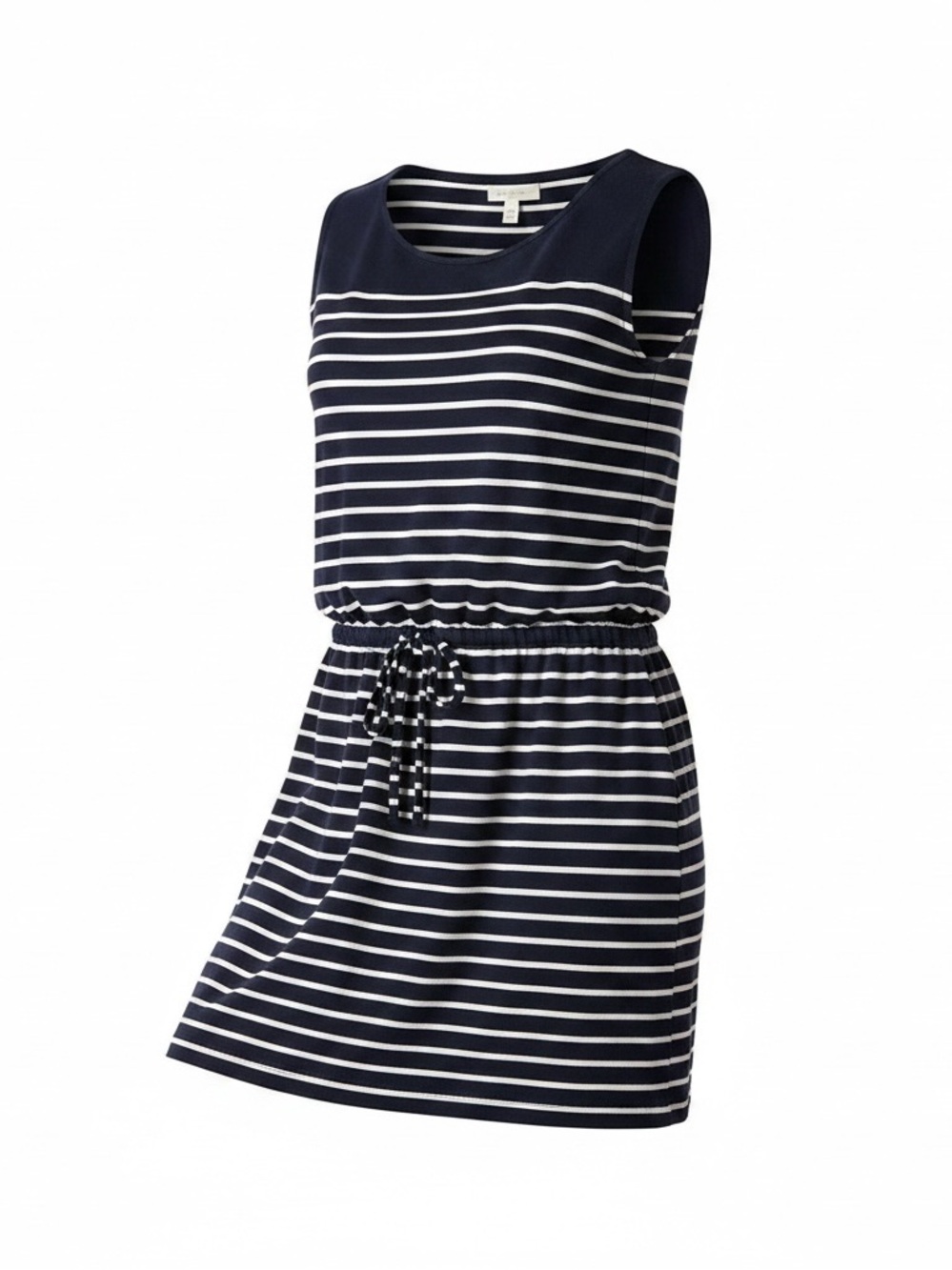 J.Crew XS navy/white stripe sleeveless preppy nautical 
drawstring waist‎ dress